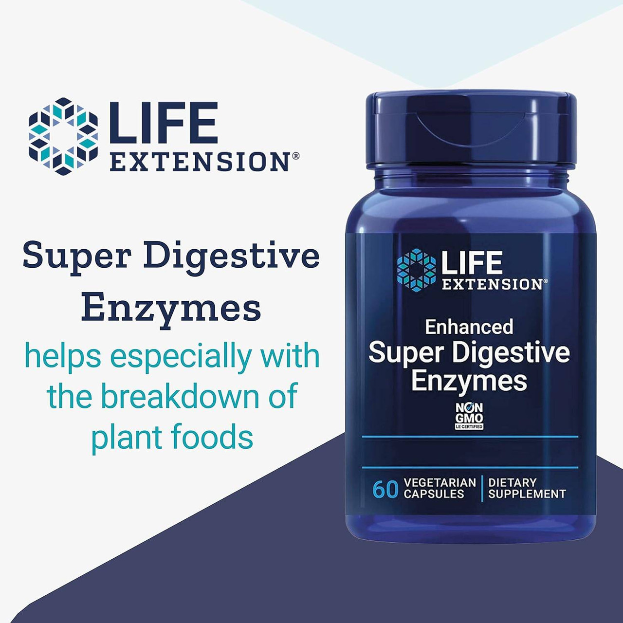 Enhanced Super Digestive Enzymes bottle, breakdown of plant foods graphic