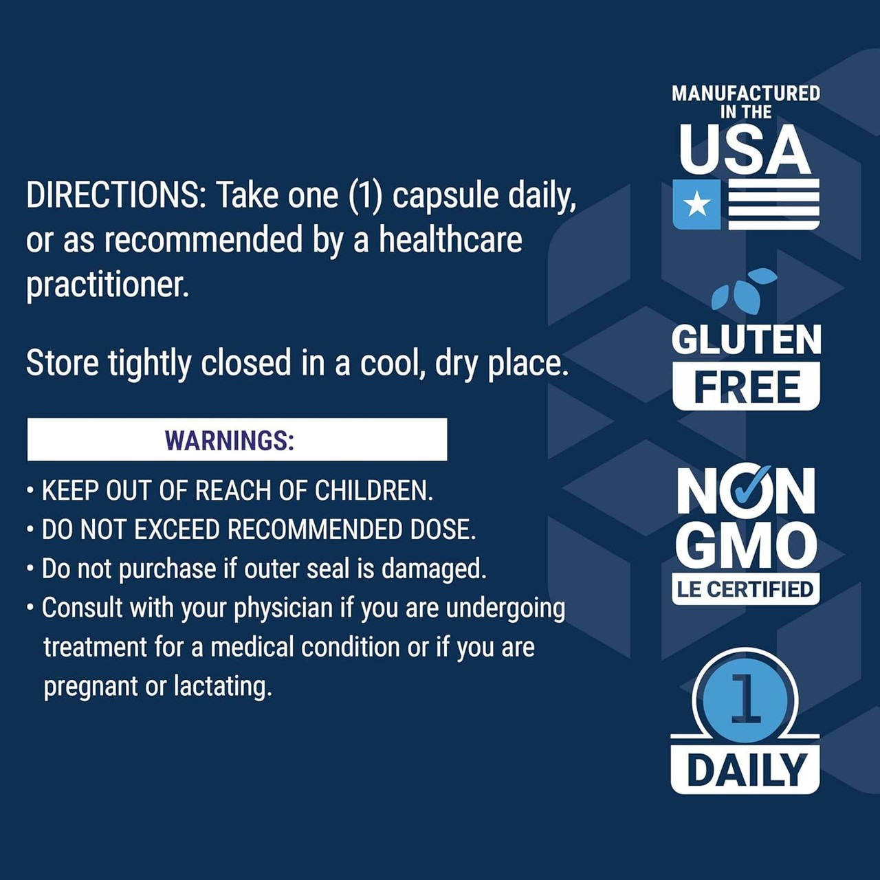 Bio-Quercetin directions and warnings with made in USA, gluten-free, non-GMO and 1 daily icons