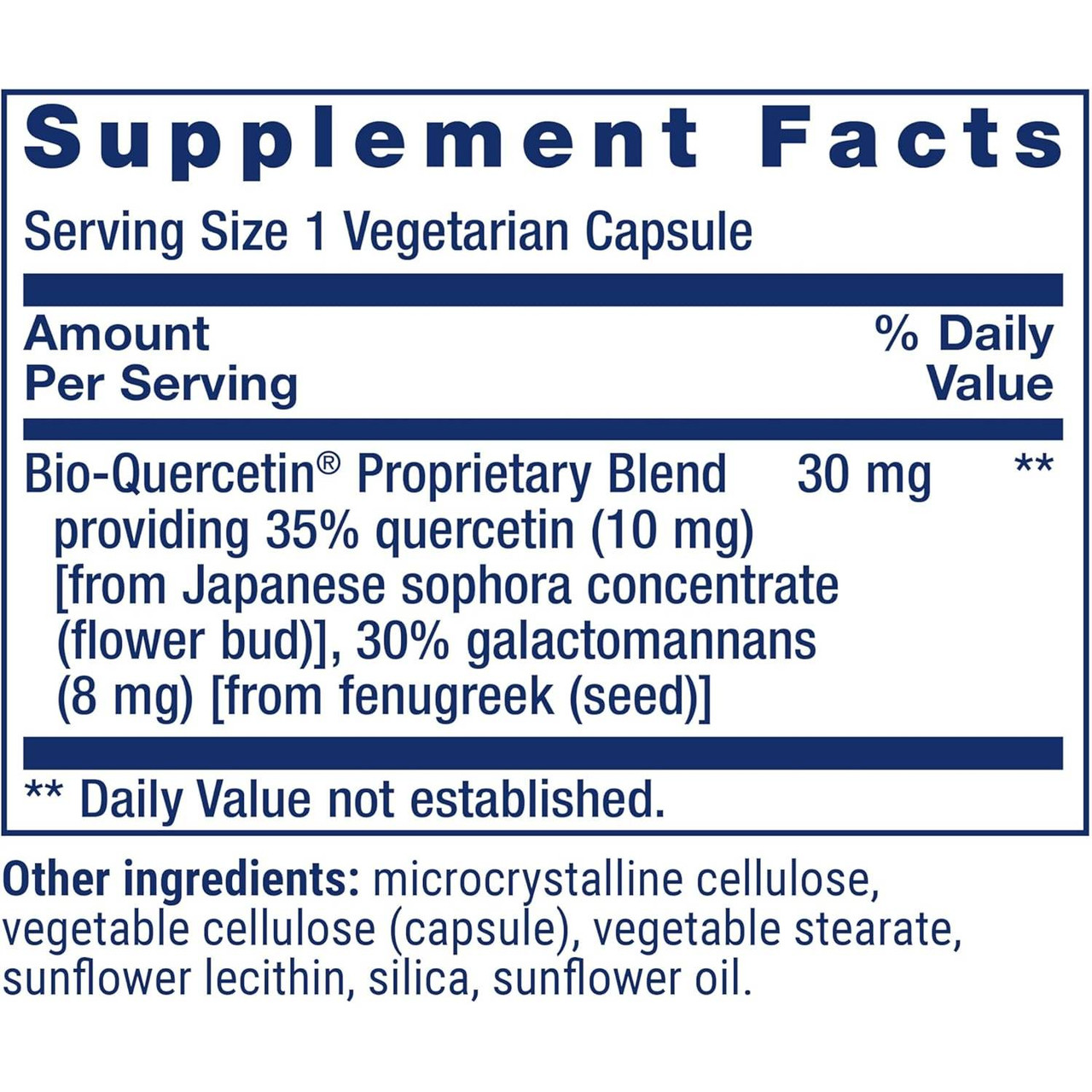 Bio-Quercetin supplement facts, 30 mg proprietary blend from Japanese sophora and fenugreek