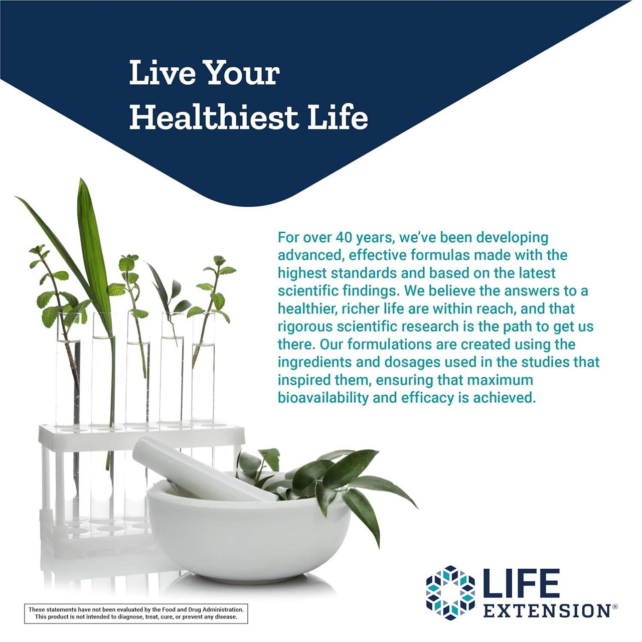 Mortar, pestle and plants in test tubes, Life Extension live your healthiest life graphic