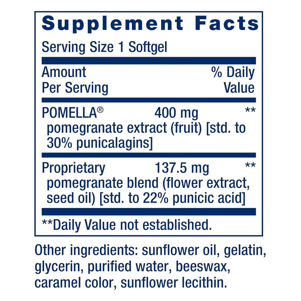 Pomegranate Complete supplement facts, 400 mg POMELLA pomegranate extract and 137.5 mg pomegranate blend
