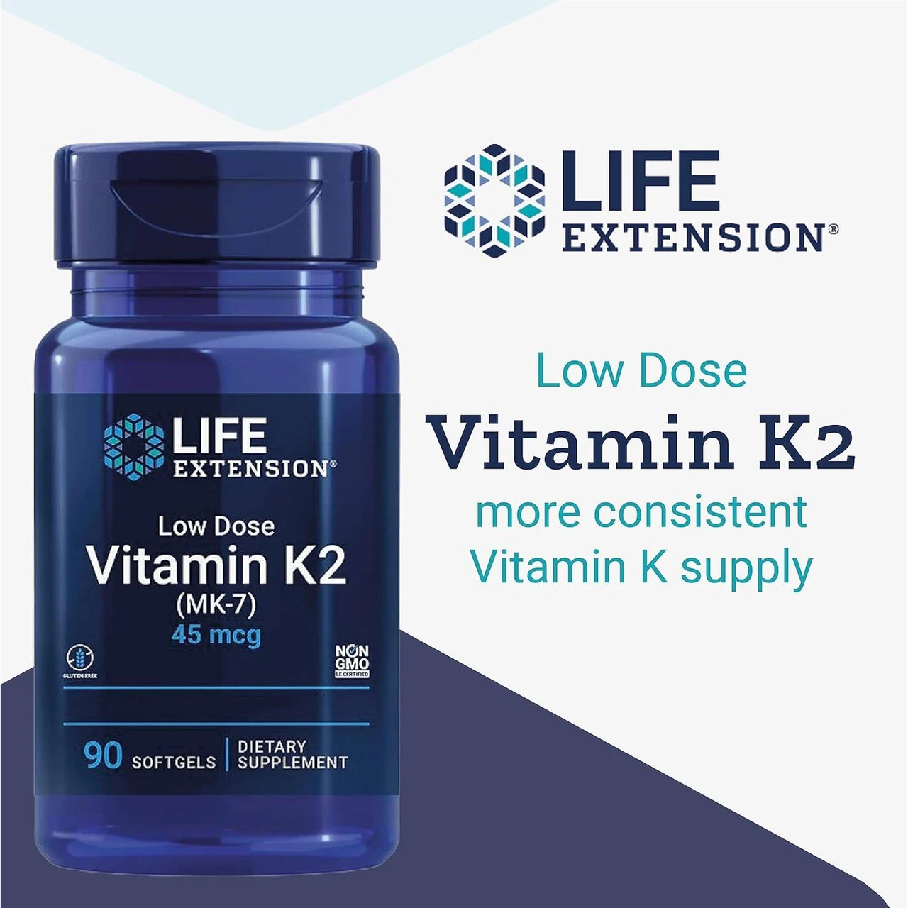 Low Dose Vitamin K2 bottle with more consistent vitamin K supply text