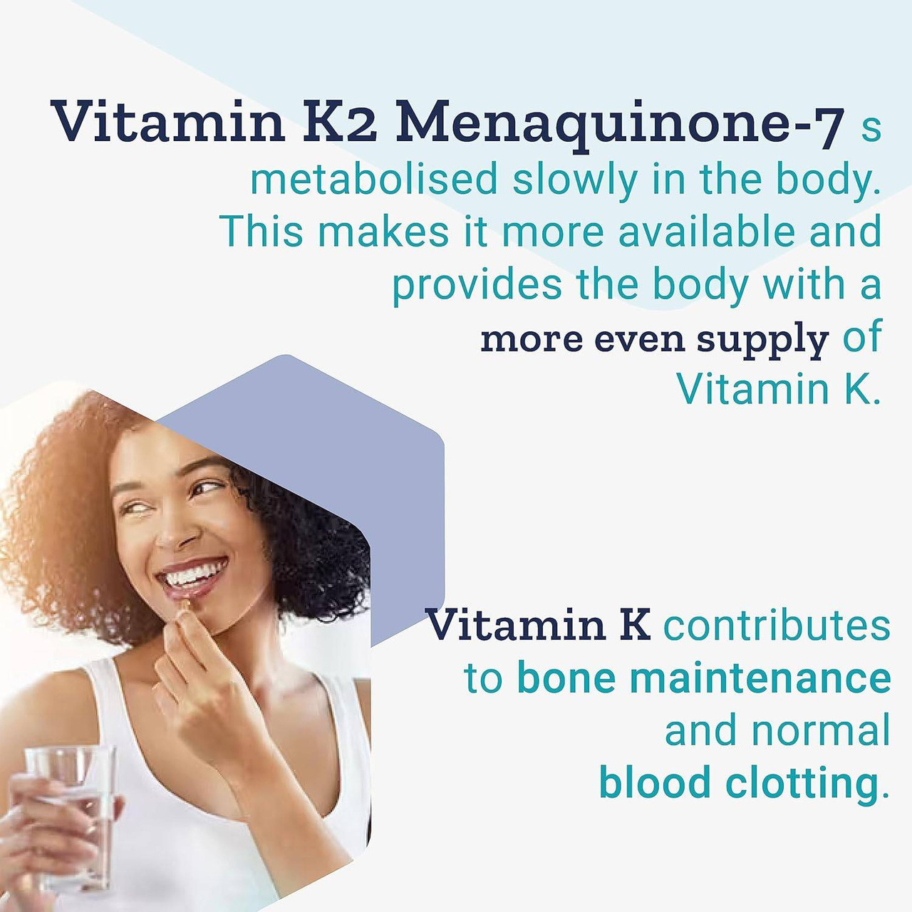 Smiling woman with glass of water and vitamin K2 menaquinone-7 information text