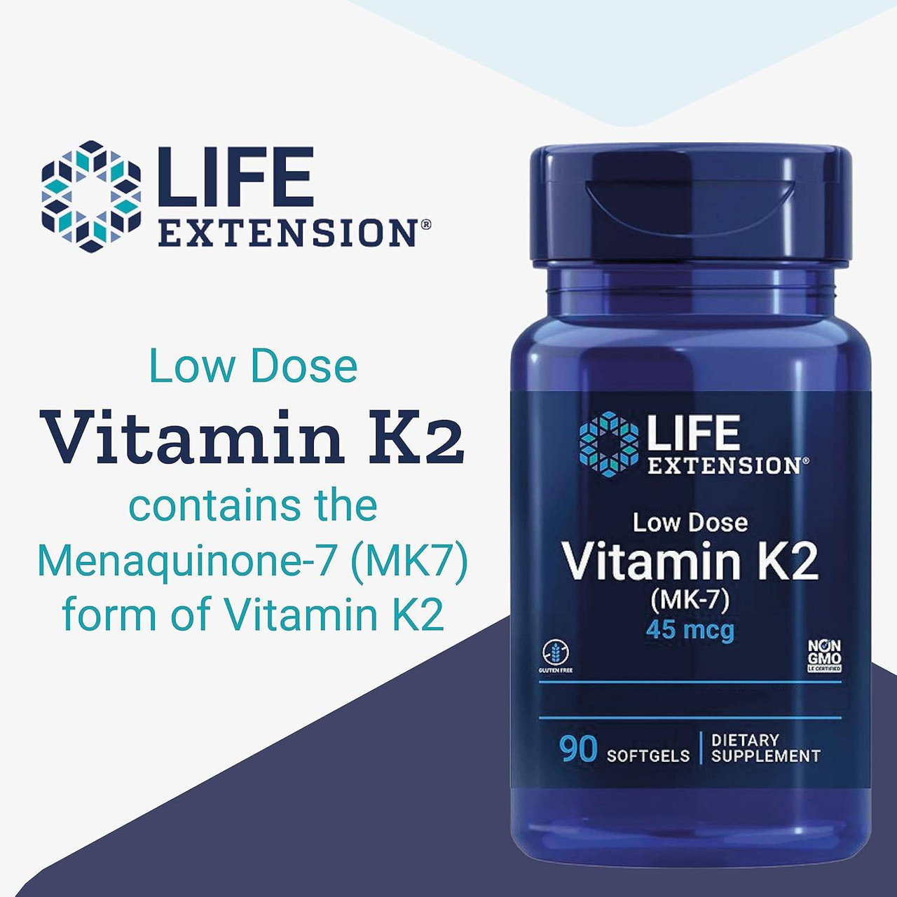 Low Dose Vitamin K2 bottle with menaquinone-7 (MK7) form of vitamin K2 text