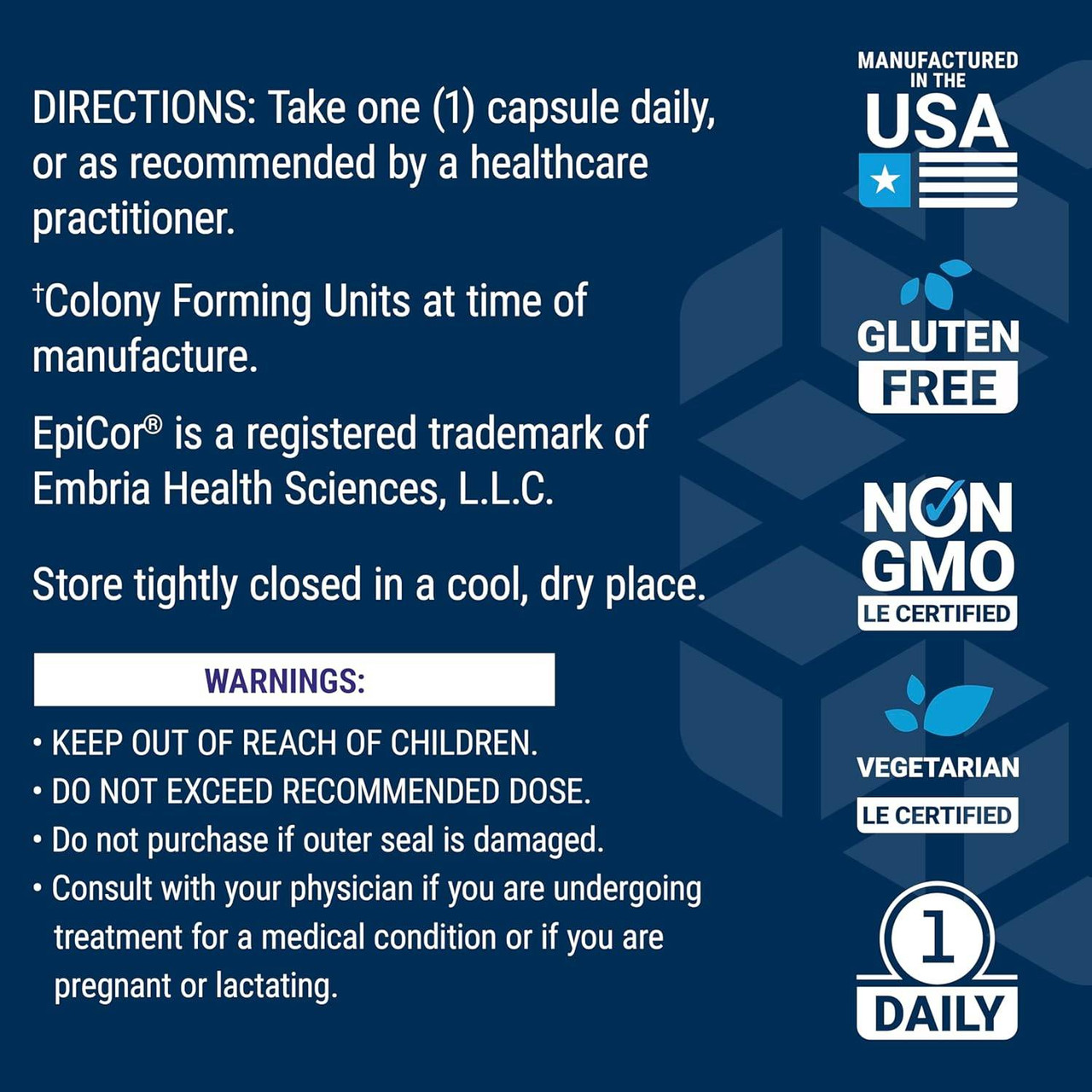 FLORASSIST Immune & Nasal Defense directions and warnings with made in USA, gluten free and non-GMO icons