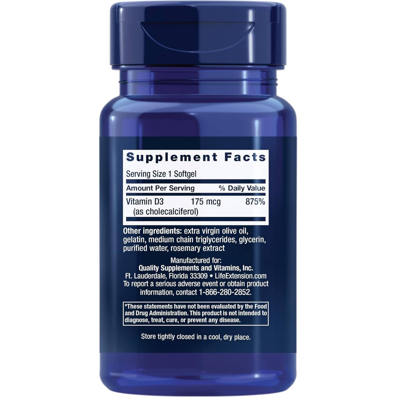 Back of Vitamin D3 7000 IU bottle with supplement facts panel
