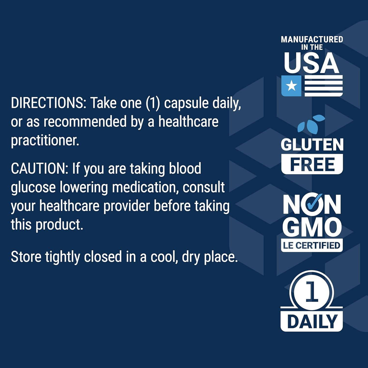 Glycemic Guard directions and caution with made in USA, gluten free and non-GMO icons