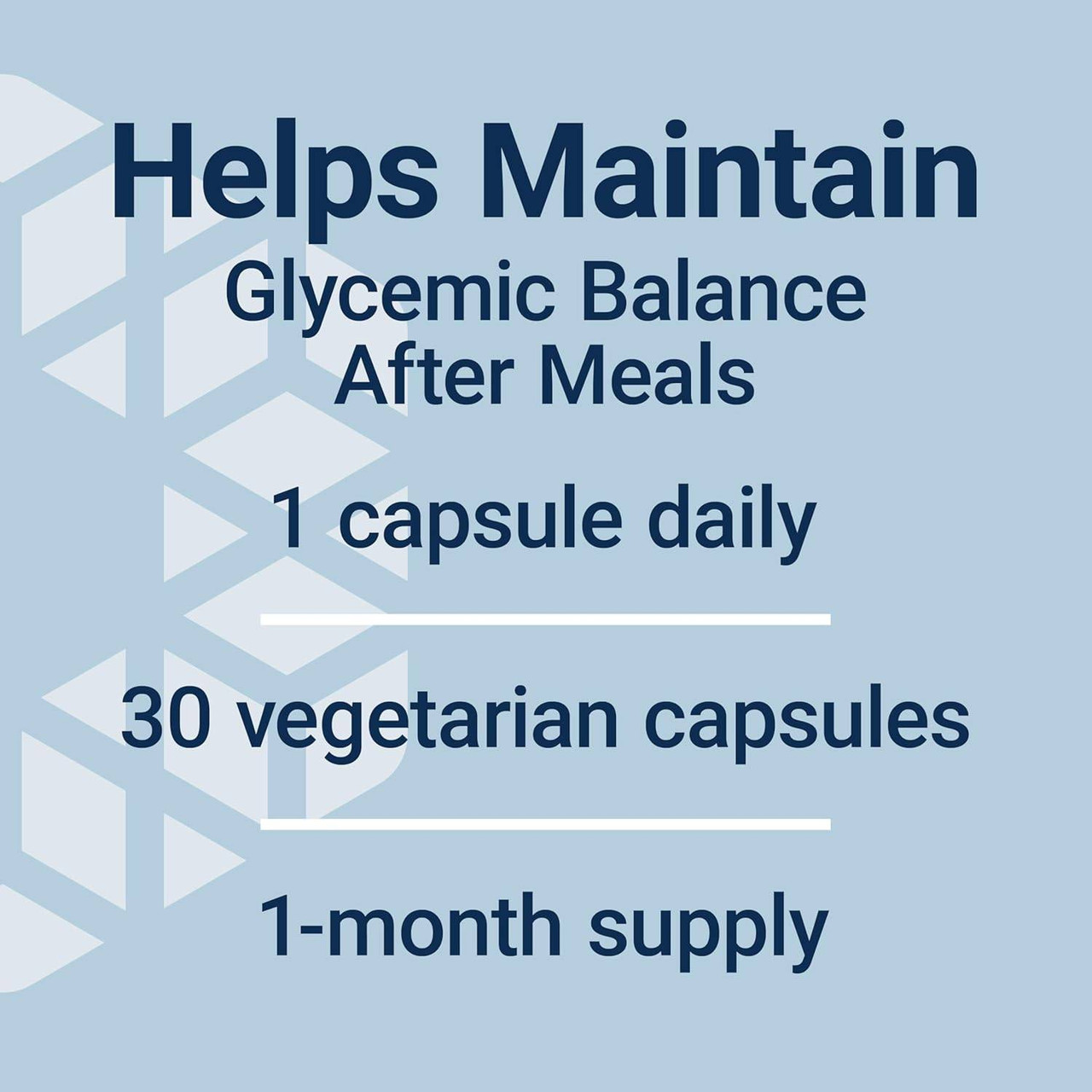 Glycemic Guard dosage graphic, 1 capsule daily, 30 vegetarian capsules, 1-month supply