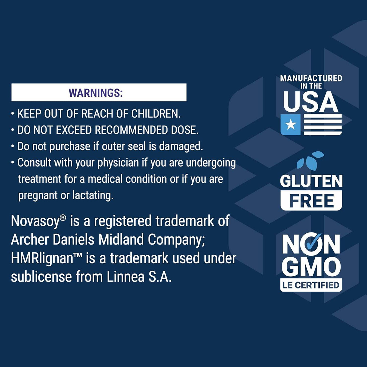 Breast Health Formula warnings and trademark notes with made in USA, gluten free and non-GMO icons