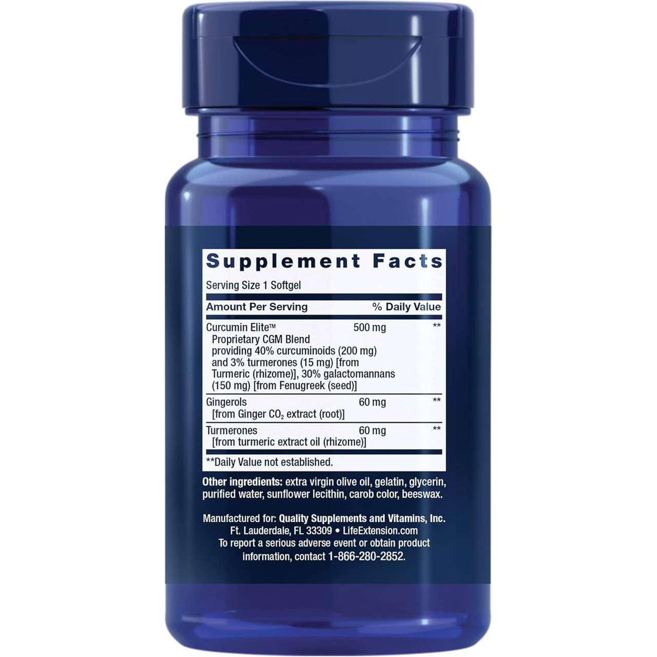 Back of Advanced Curcumin Elite bottle with supplement facts panel