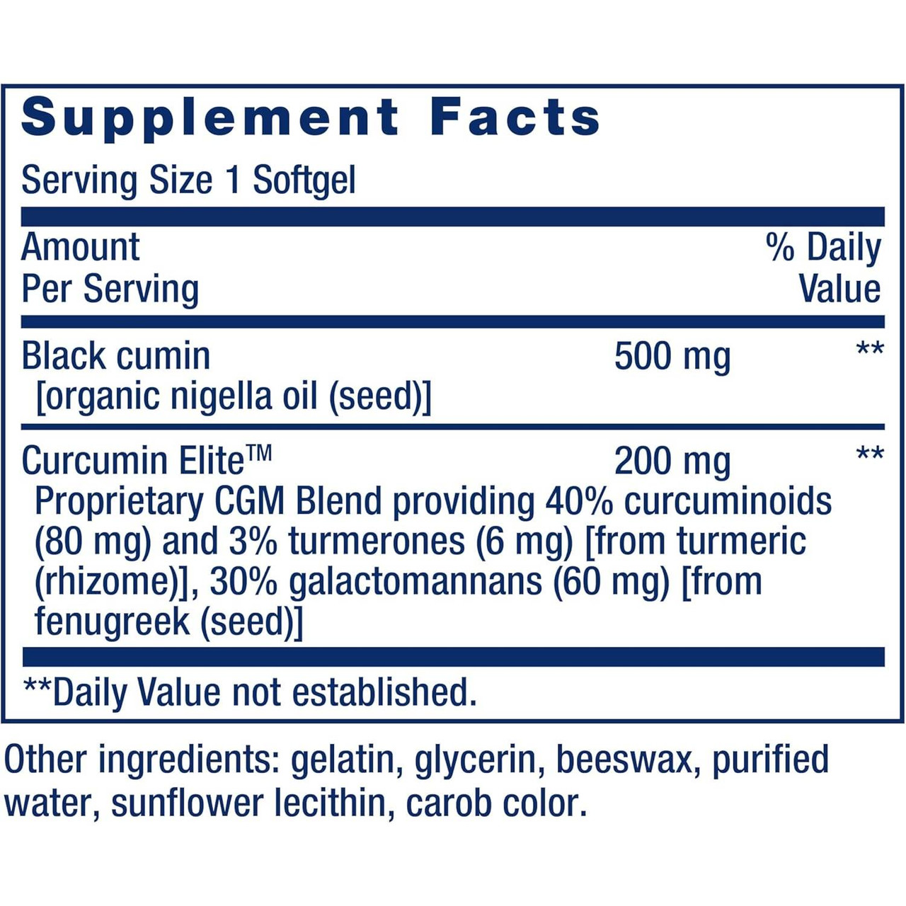 Black Cumin Seed Oil and Curcumin Elite supplement facts panel, 1 softgel serving