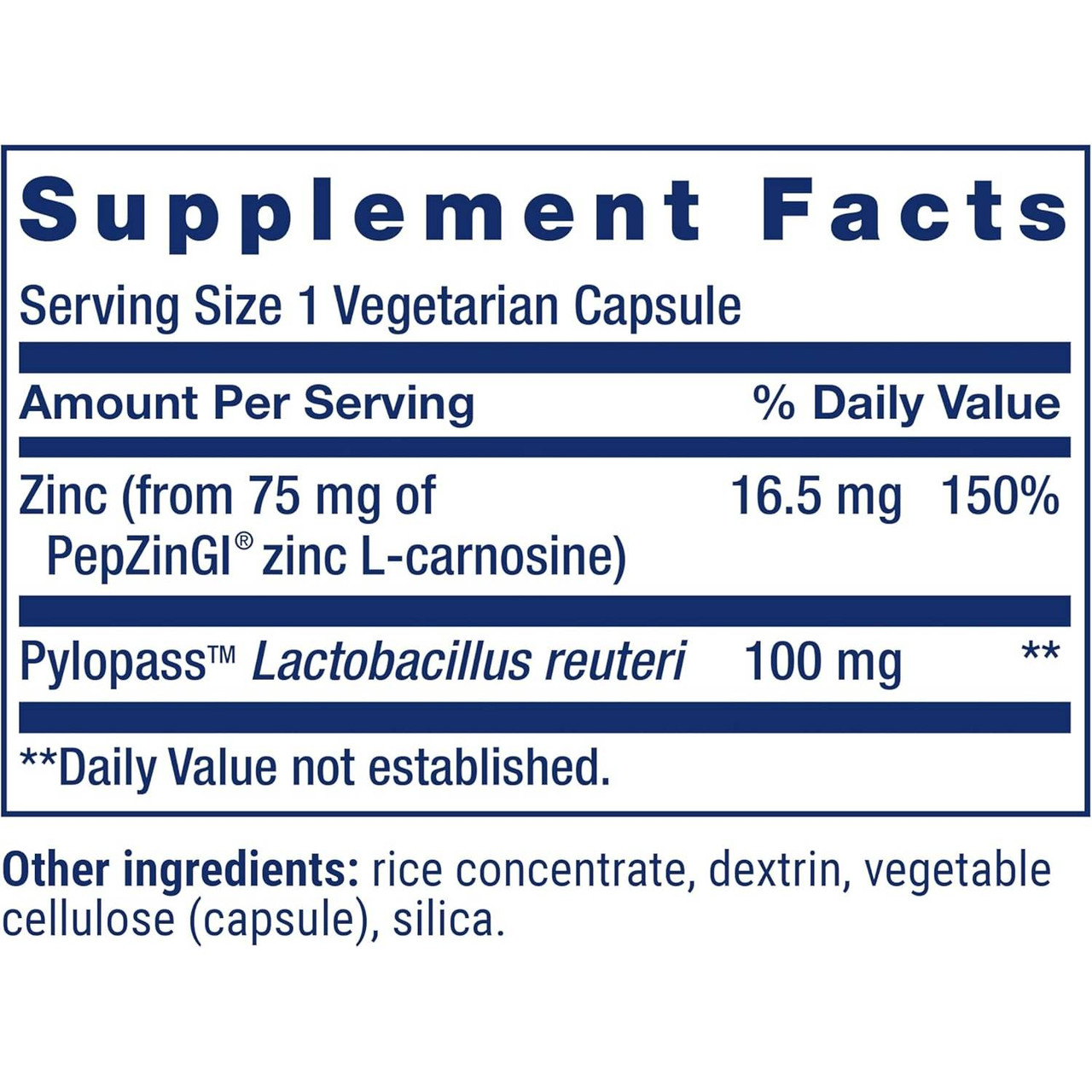 Gastro-Ease supplement facts, zinc L-carnosine and Lactobacillus reuteri, 1 capsule serving