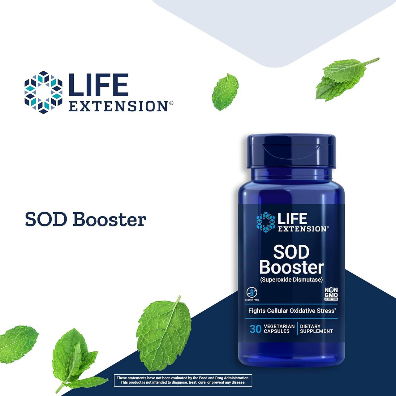 Life Extension SOD Booster bottle with green leaves