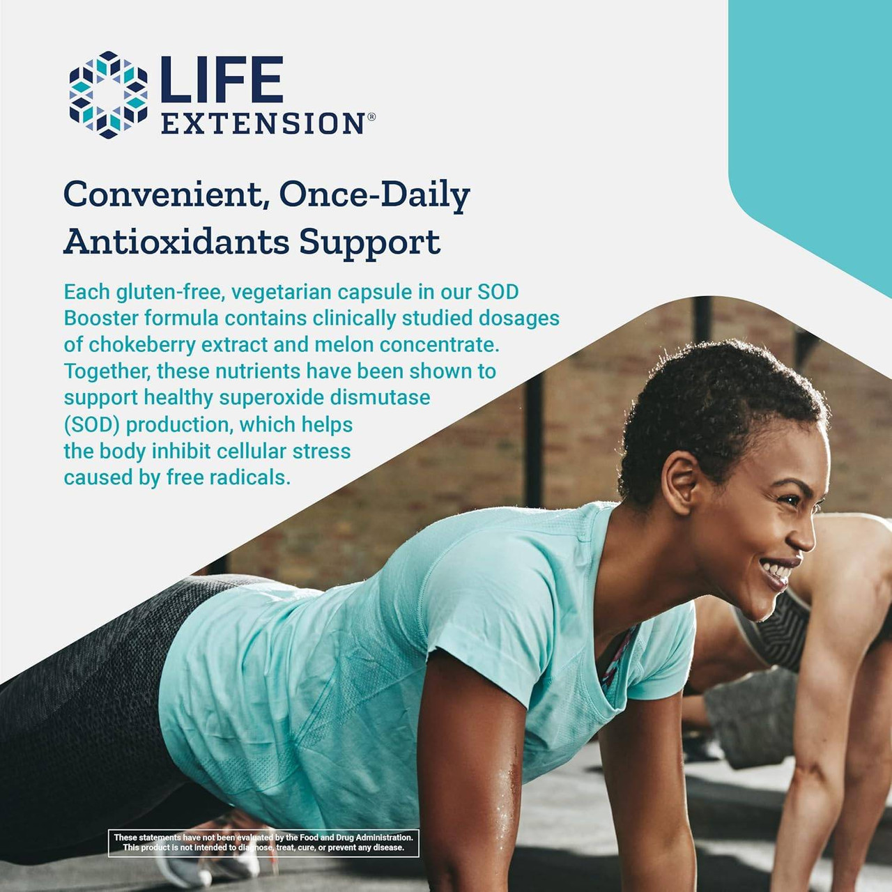 Woman doing push-ups outdoors, convenient once-daily SOD Booster graphic
