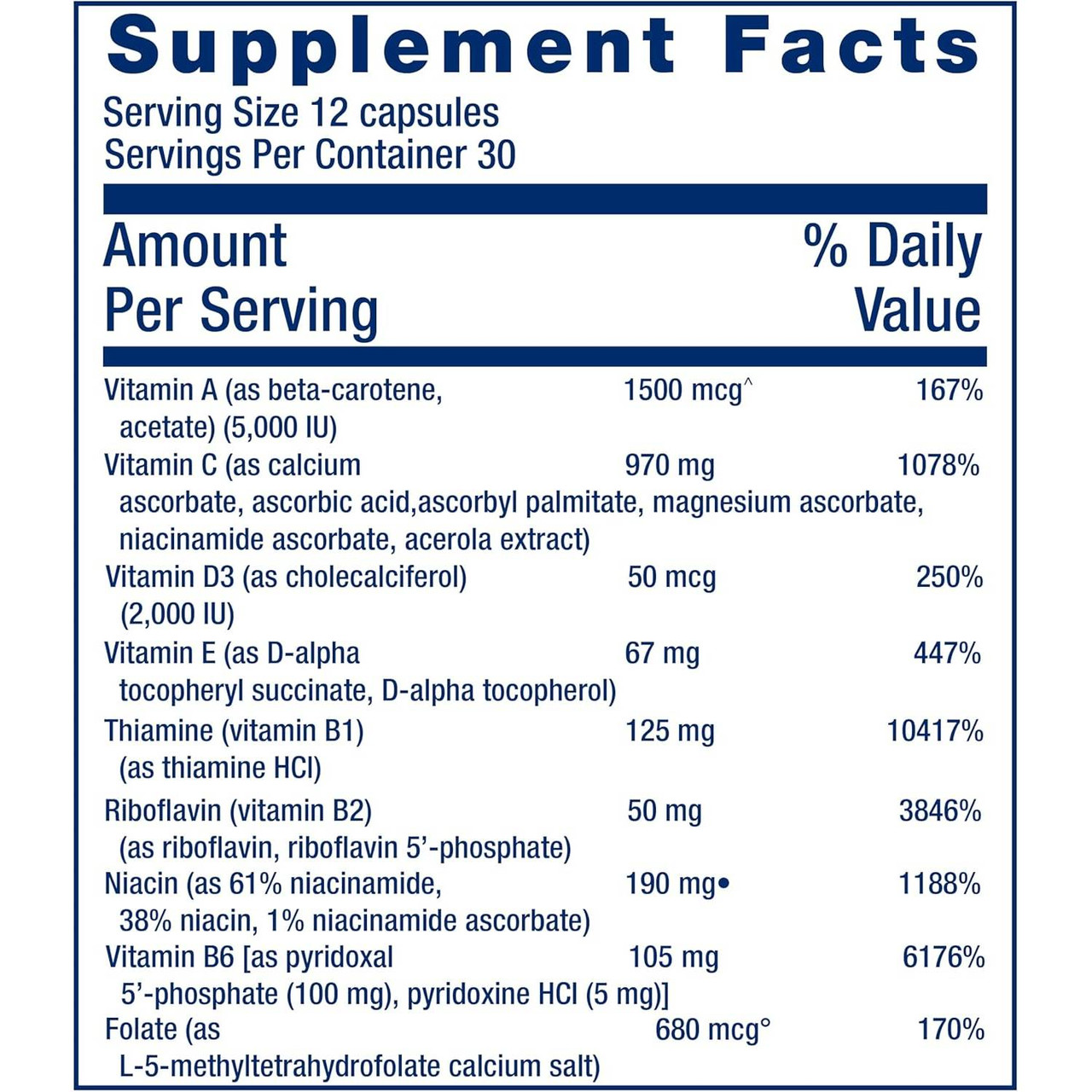 Life Extension Mix supplement facts panel, 12 capsule serving, part one