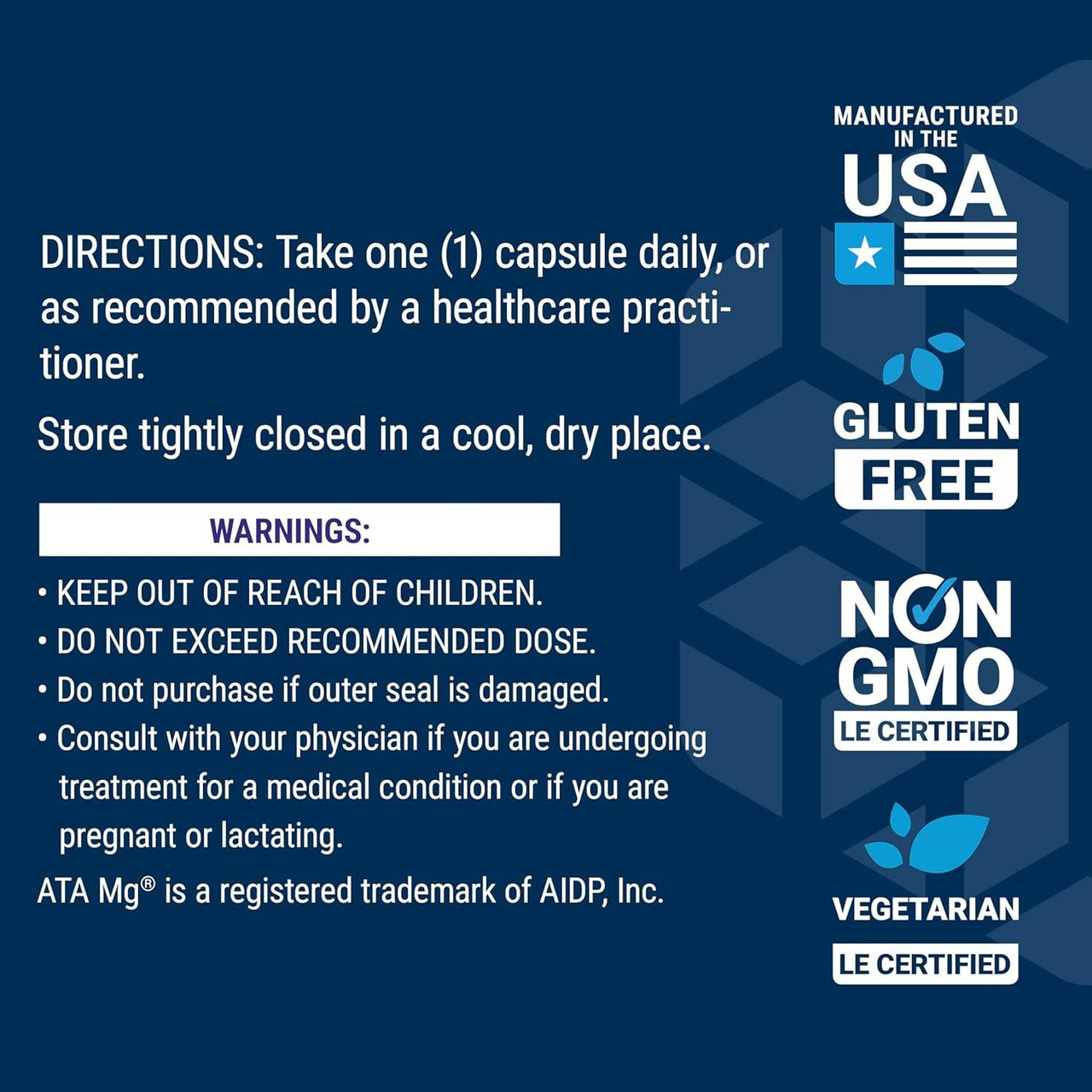 Calm-Mag directions and warnings with made in USA, gluten free and non-GMO icons