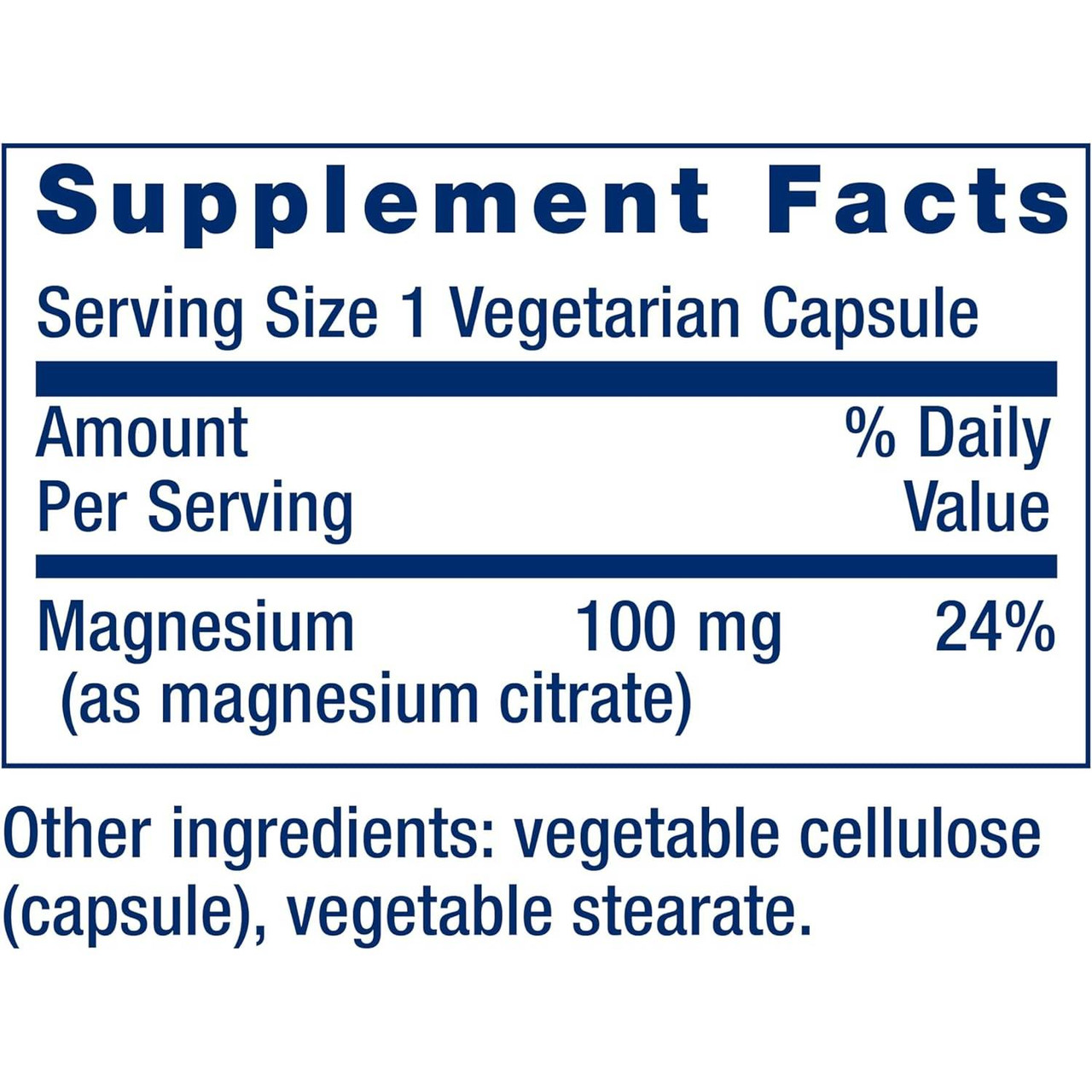 Magnesium (Citrate) supplement facts, 100 mg magnesium as magnesium citrate per capsule