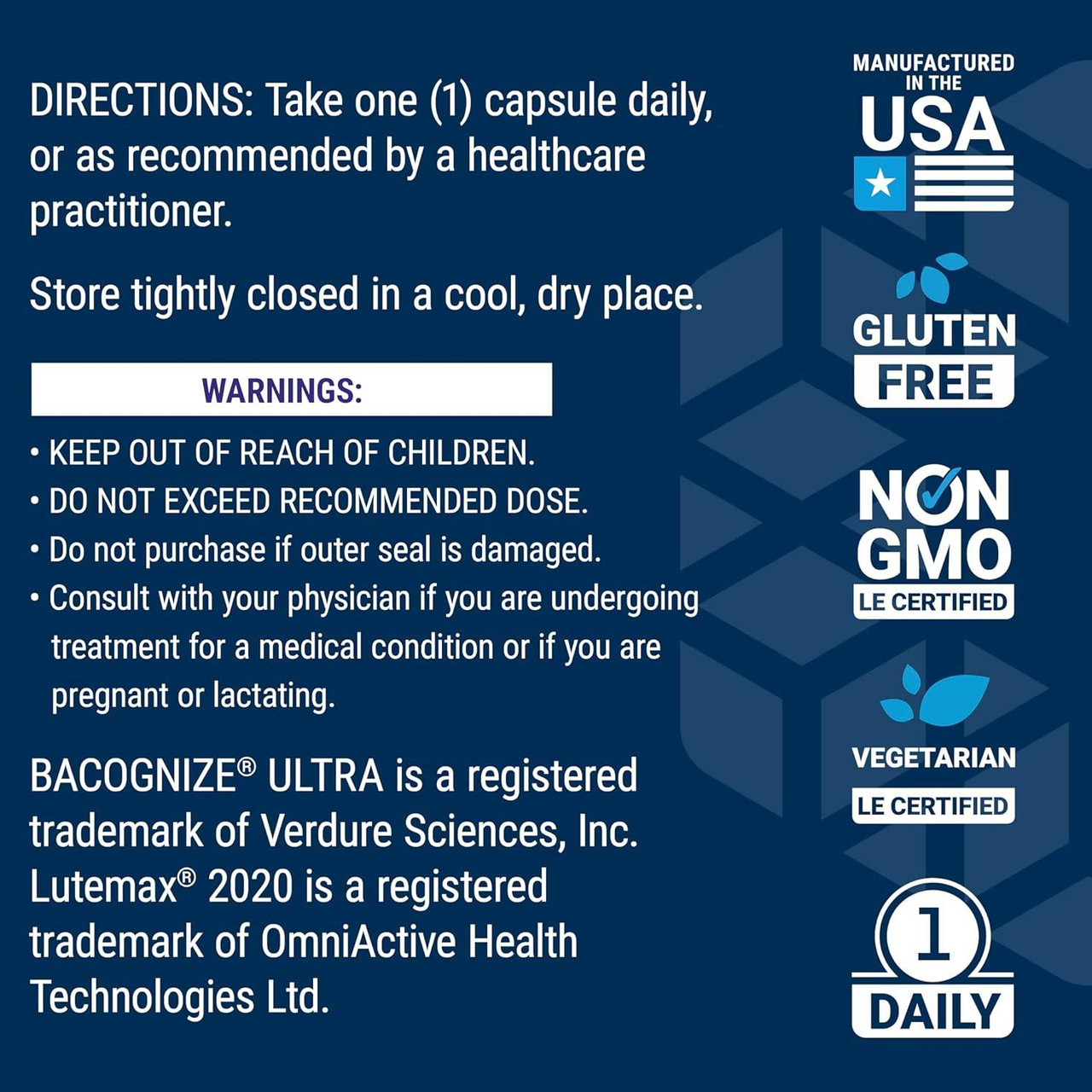 Quick Brain Nootropic directions and warnings with made in USA, gluten free and non-GMO icons