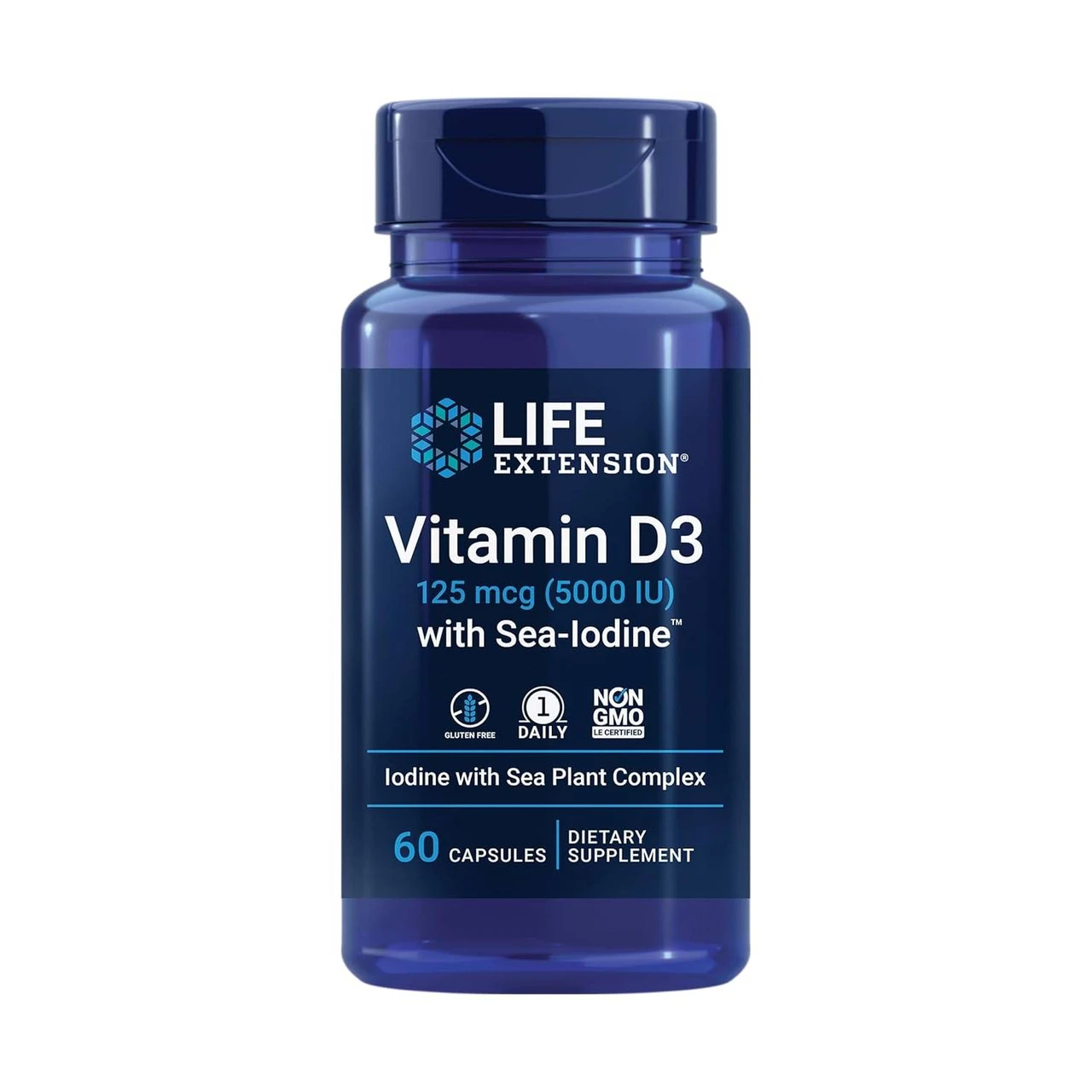 Life Extension Vitamin D3 125 mcg (5000 IU) with Sea-Iodine 60 capsules bottle