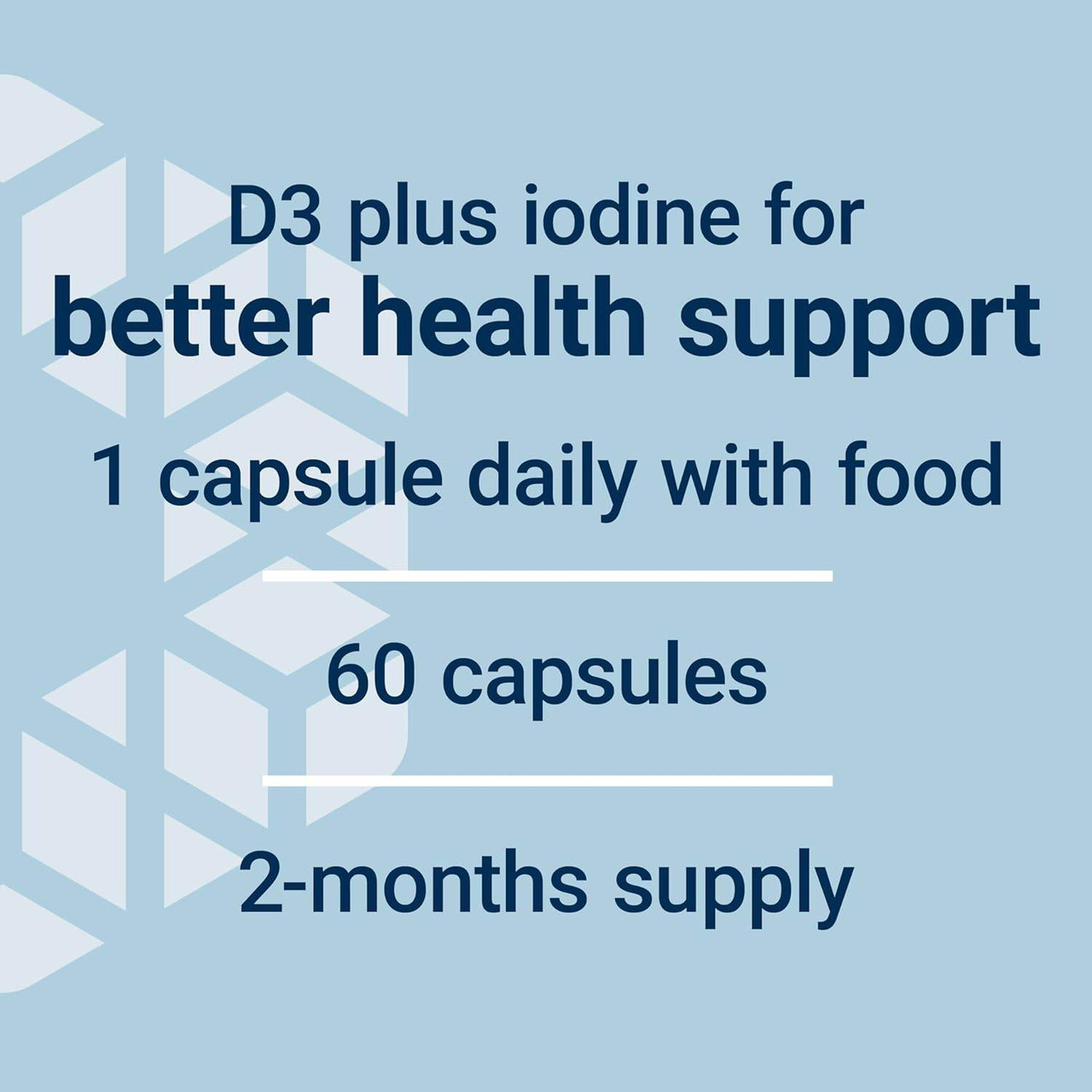 Vitamin D3 with Sea-Iodine dosage graphic, 1 capsule daily with food, 60 capsules, 2-month supply