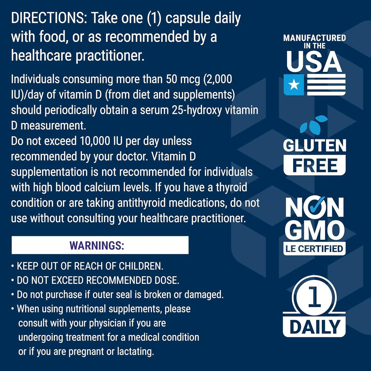 Vitamin D3 with Sea-Iodine directions and warnings with made in USA, gluten free and non-GMO icons