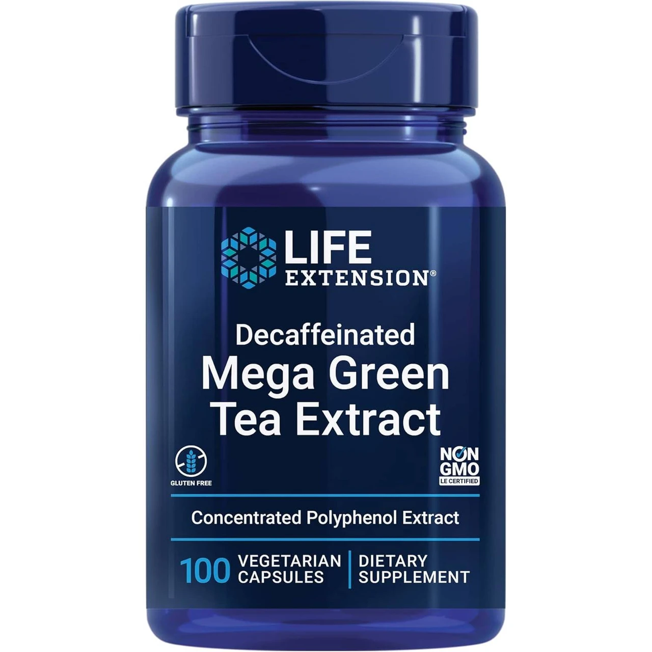 Life Extension Decaffeinated Mega Green Tea Extract 100 vegetarian capsules bottle