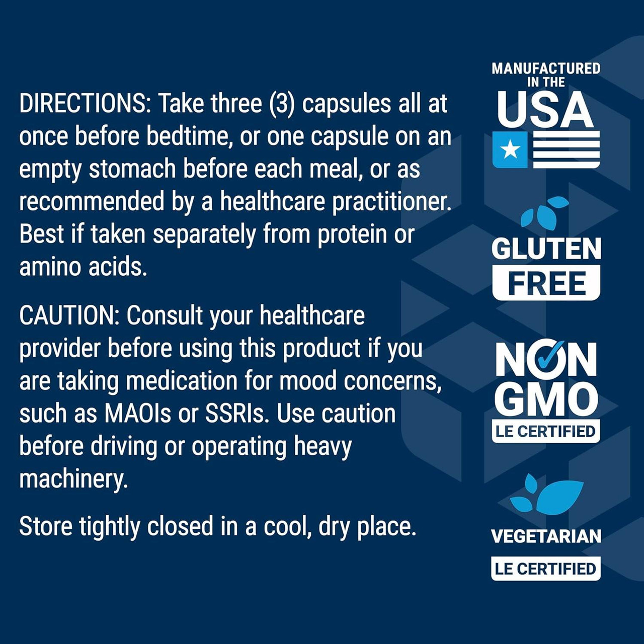 Directions and caution panel with made in USA and non-GMO badges