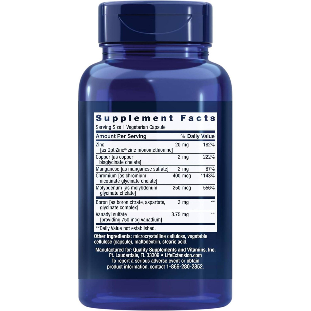 Back of Only Trace Minerals bottle with supplement facts panel