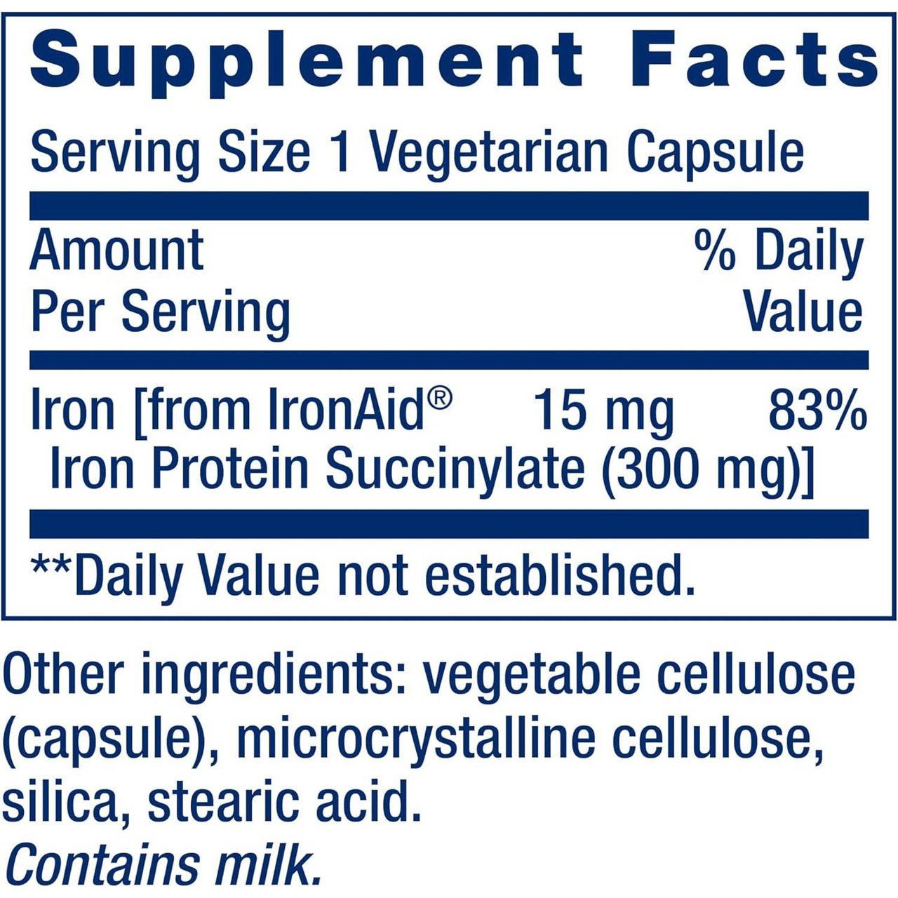 Iron Protein Plus supplement facts, 15 mg iron from 300 mg IronAid iron protein succinylate