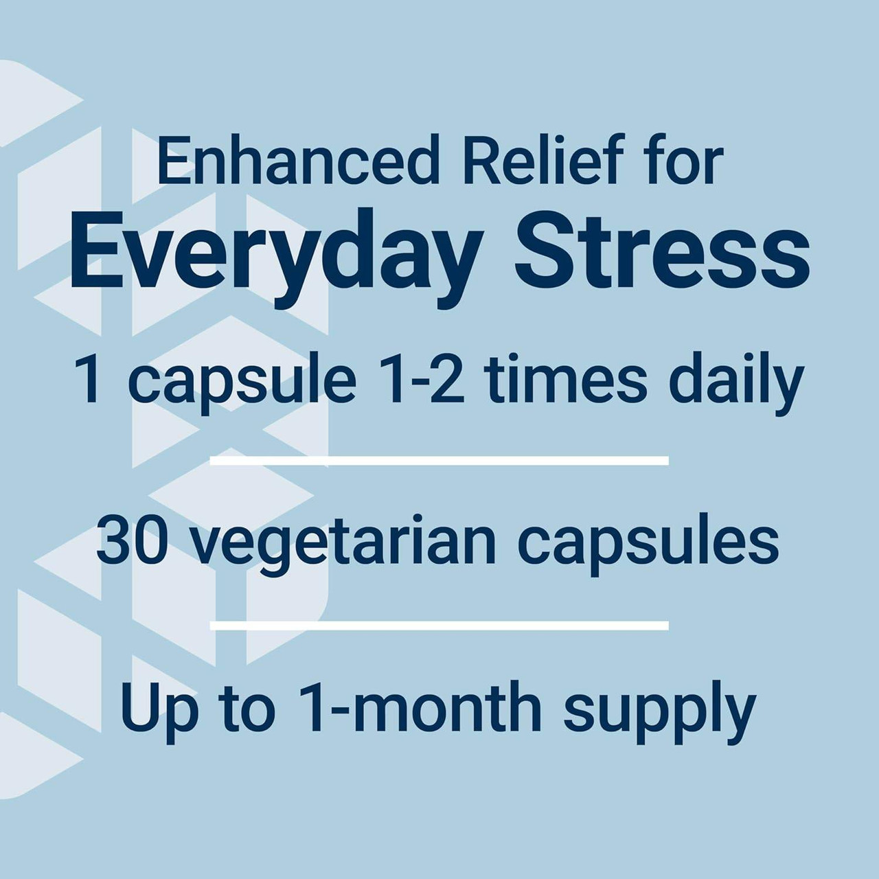 Enhanced Stress Relief dosage graphic, 1 capsule 1-2 times daily, 30 vegetarian capsules, up to 1-month supply