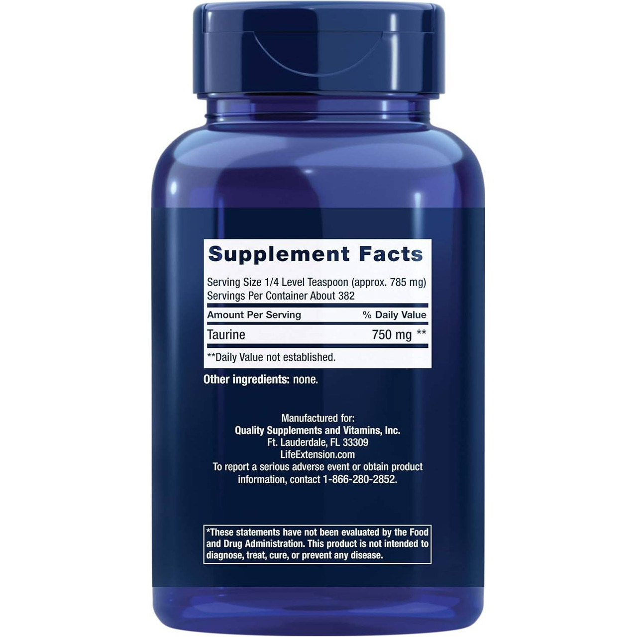 Back of Taurine Powder bottle with supplement facts panel
