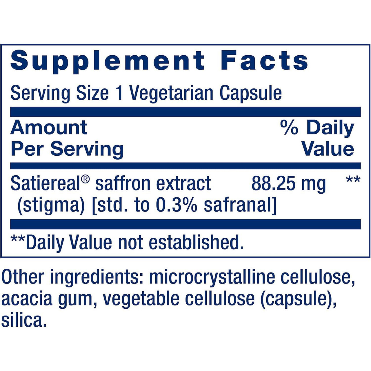 Optimized Saffron supplement facts panel, 88.25 mg Satiereal saffron extract