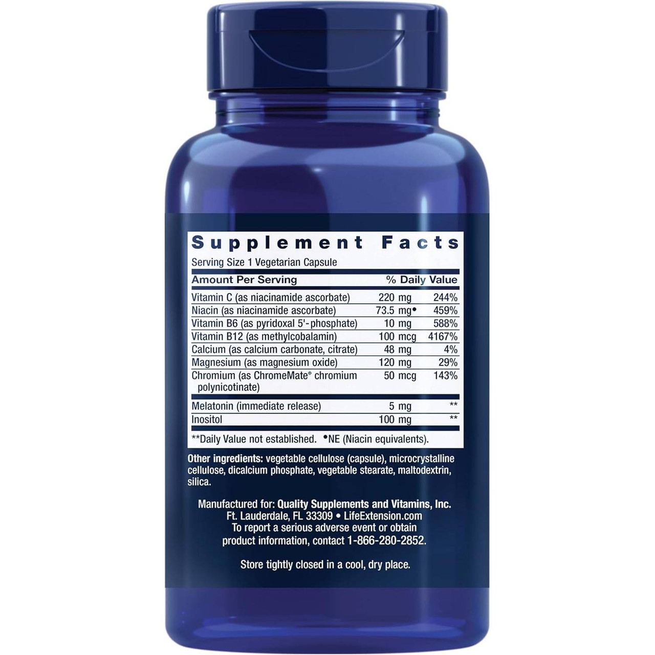 Back of Quiet Sleep Melatonin bottle with supplement facts panel