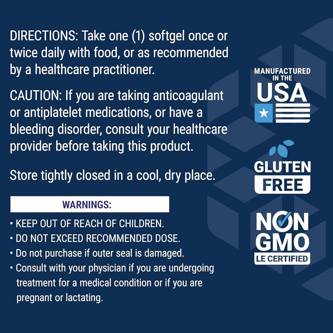 Gamma E directions, caution and warnings with made in USA, gluten free and non-GMO icons