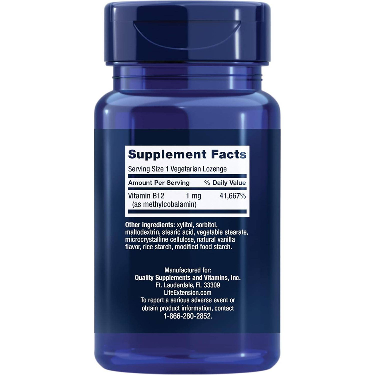 Vitamin B12 bottle back with supplement facts