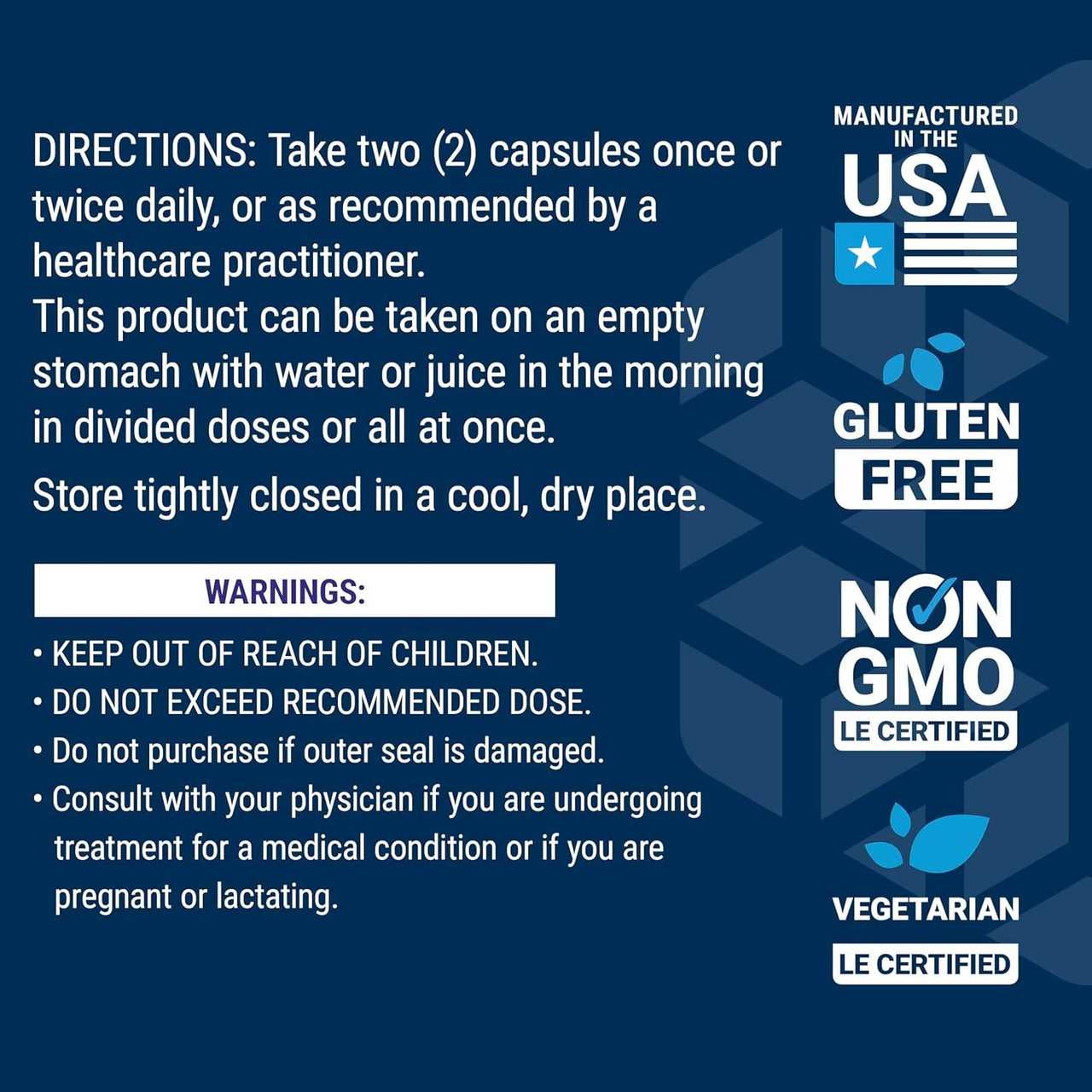 Optimized Carnitine directions and warnings with made in USA, gluten free and non-GMO icons