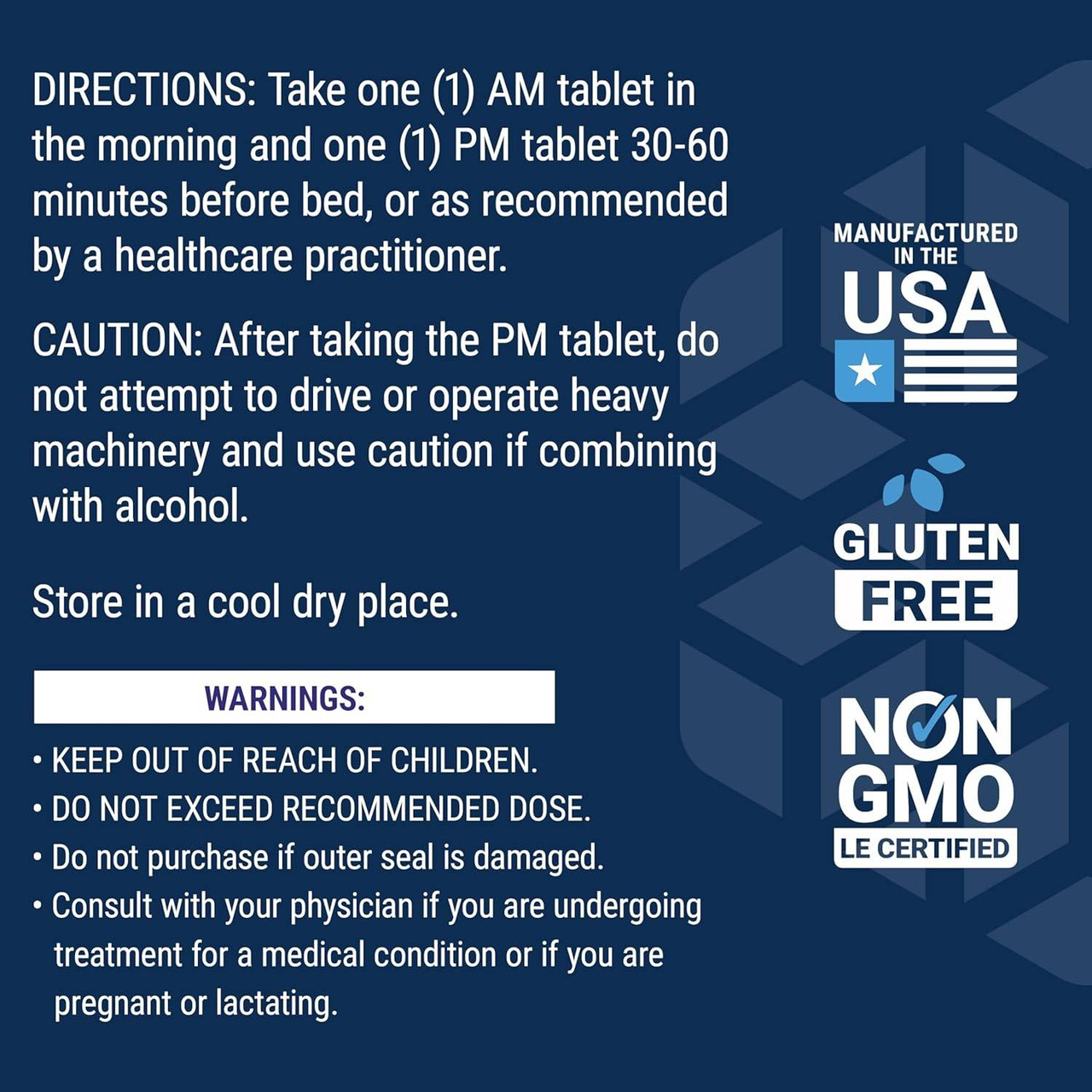 Triple Action Blood Pressure directions, caution and warnings with made in USA, gluten free and non-GMO icons