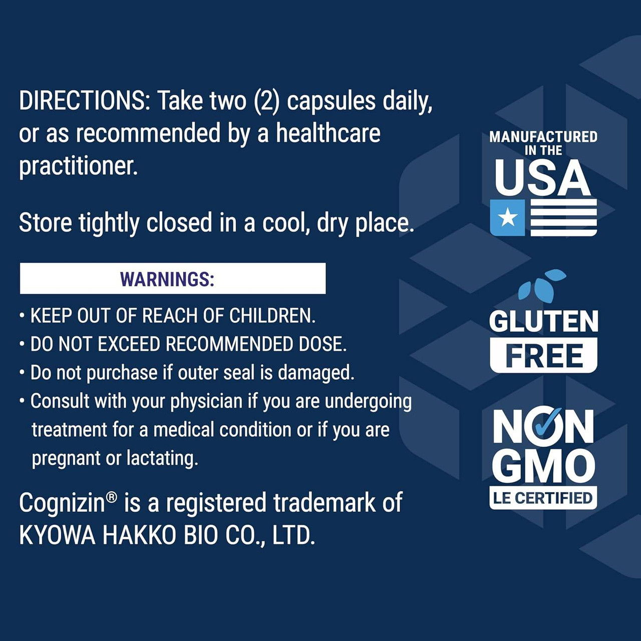 Citicoline directions and warnings with made in USA, gluten free and non-GMO icons
