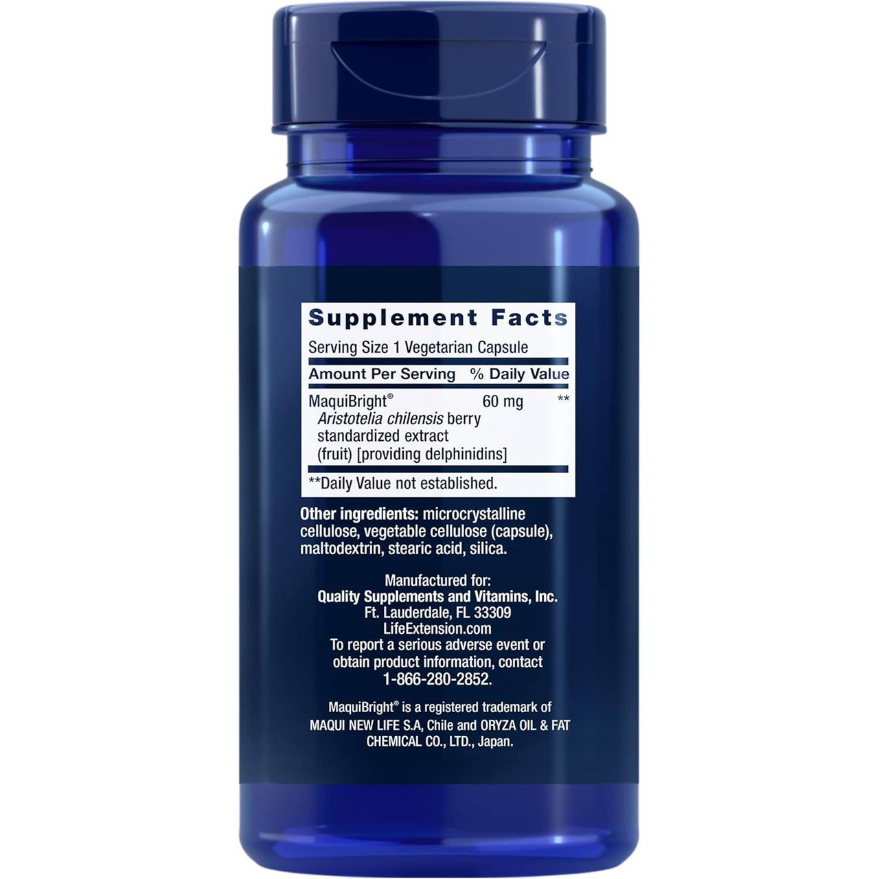 Back of Tear Support with MaquiBright bottle with supplement facts panel