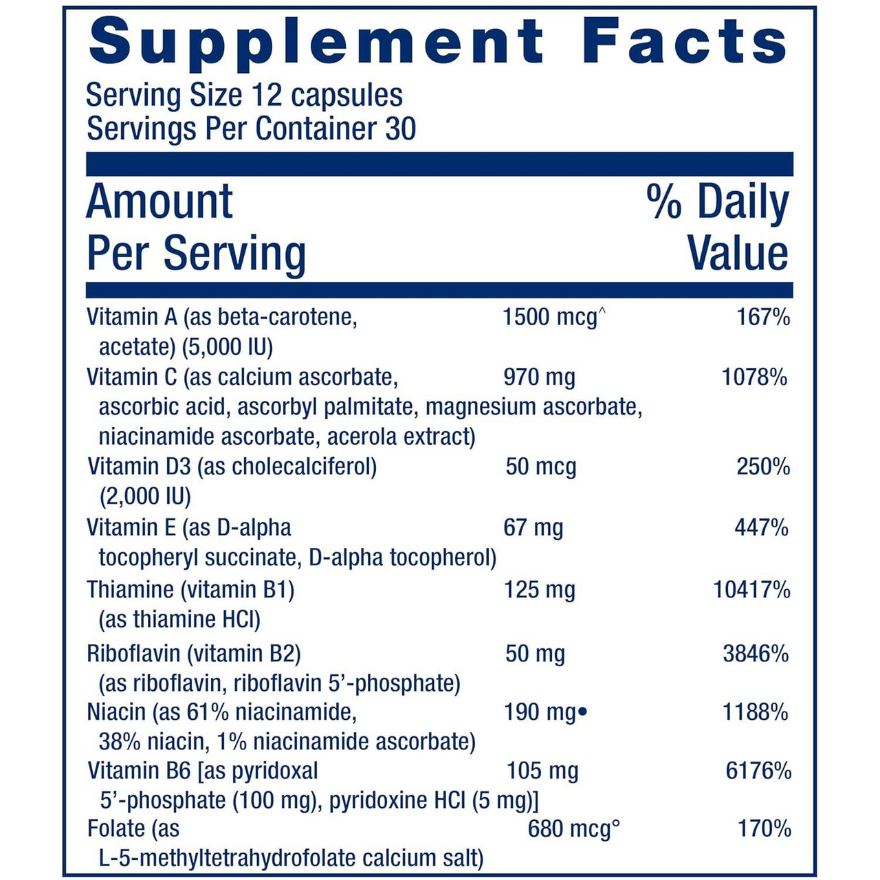 Life Extension Mix supplement facts, vitamins A, C, D3, E and B vitamins per 12 capsules