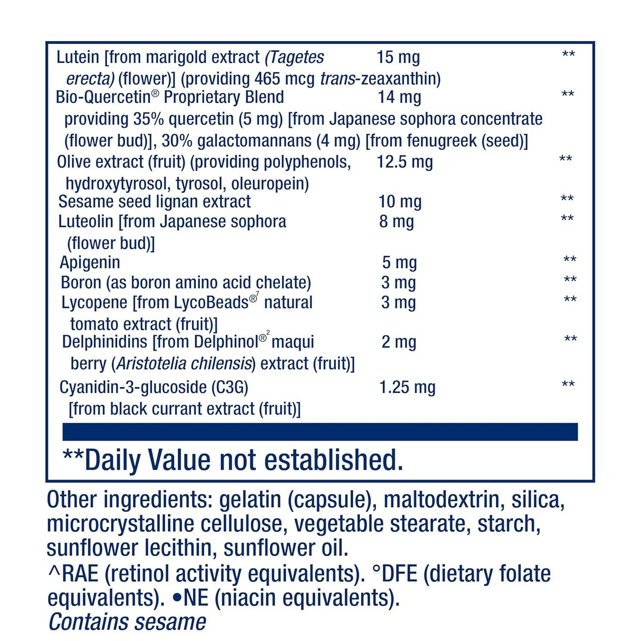 Life Extension Mix supplement facts continued with lutein, lycopene and other ingredients