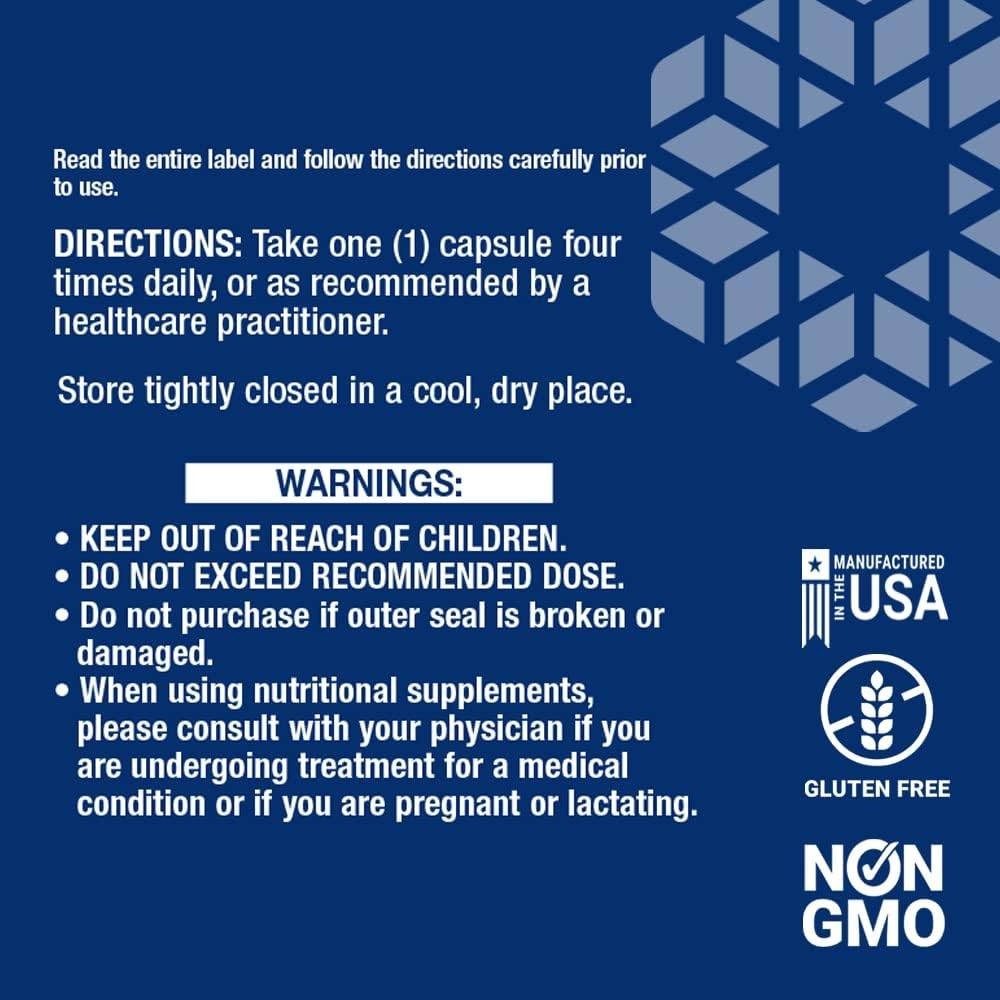 Directions and warnings with made in USA, gluten-free and non-GMO icons