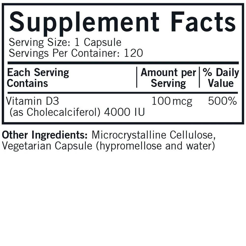 Vitamin D3 supplement facts panel, 1 capsule serving, 120 servings
