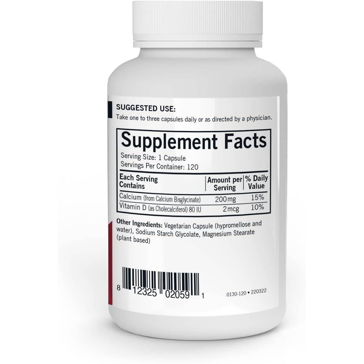 Back of Calcium 200 mg bottle with supplement facts panel