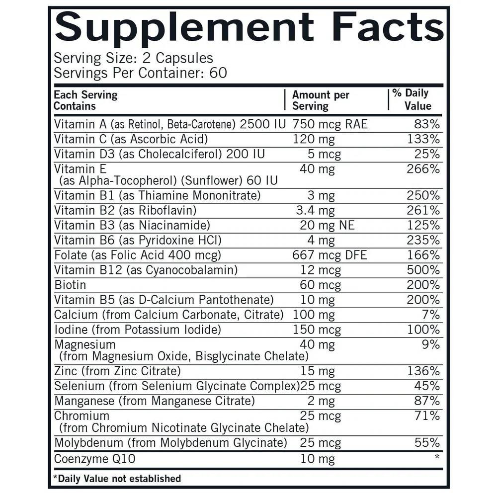 Children's Multivitamin & Mineral supplement facts with vitamins, minerals and coenzyme Q10 per 2 capsules