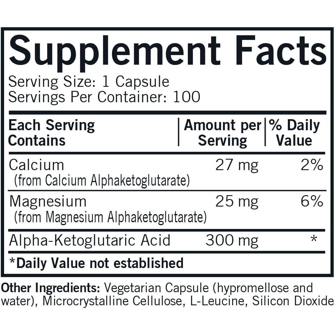 Alpha-Ketoglutaric Acid supplement facts, 300 mg alpha-ketoglutaric acid with calcium and magnesium