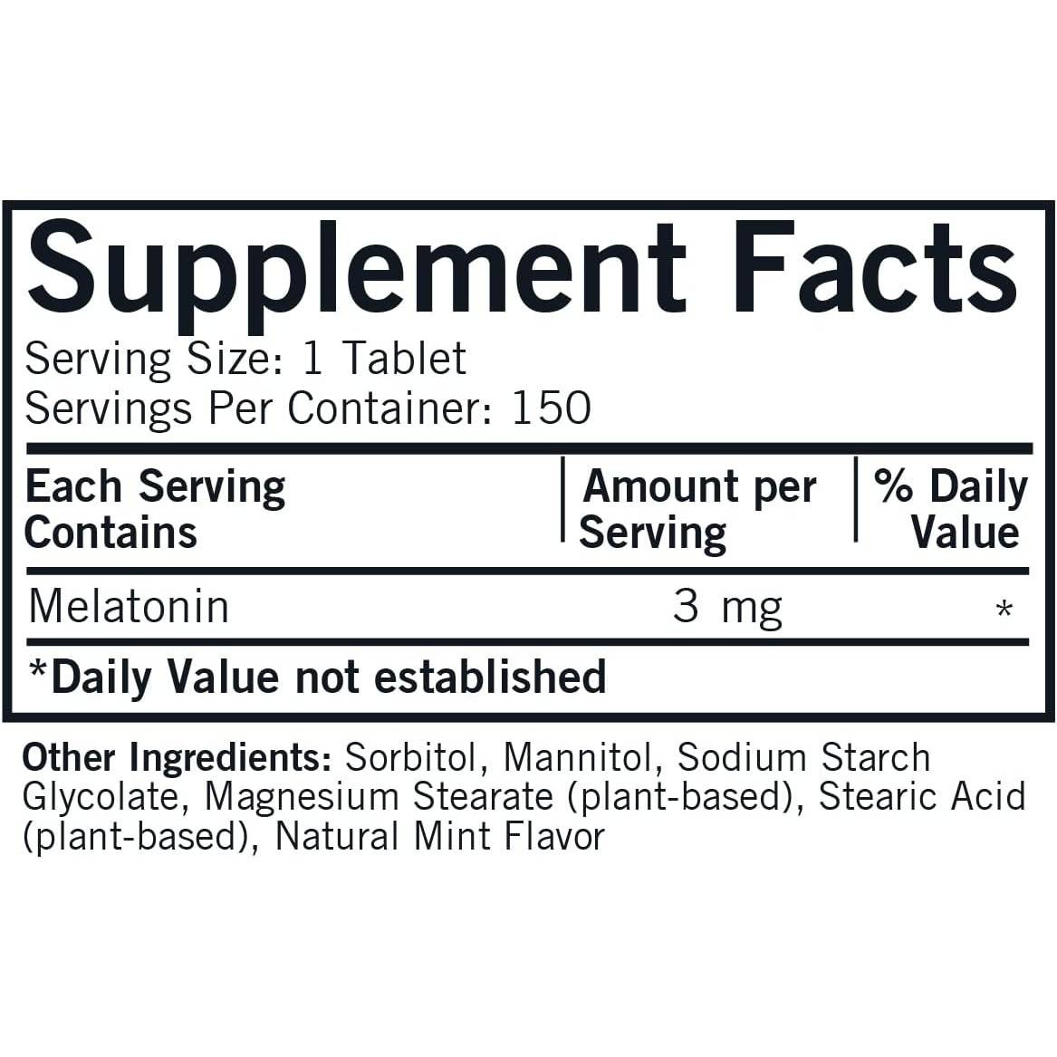 Melatonin Chewable supplement facts panel, 1 tablet serving