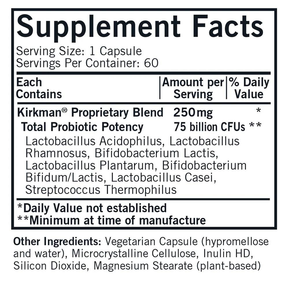 Super Pro-Bio supplement facts, 75 billion CFU probiotic blend per capsule, 60 servings