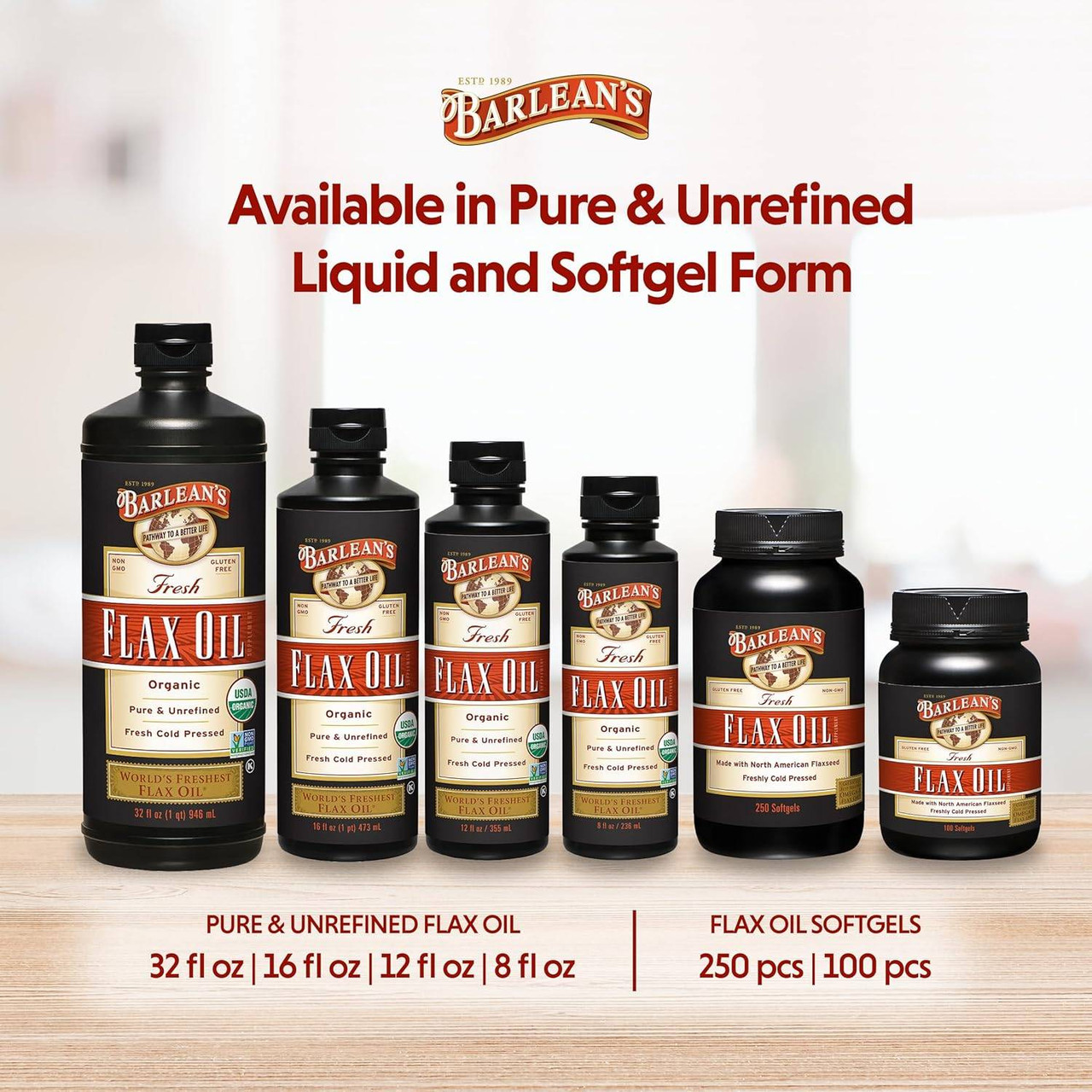 Barlean's flax oil bottles and softgels lineup, available in liquid and softgel form