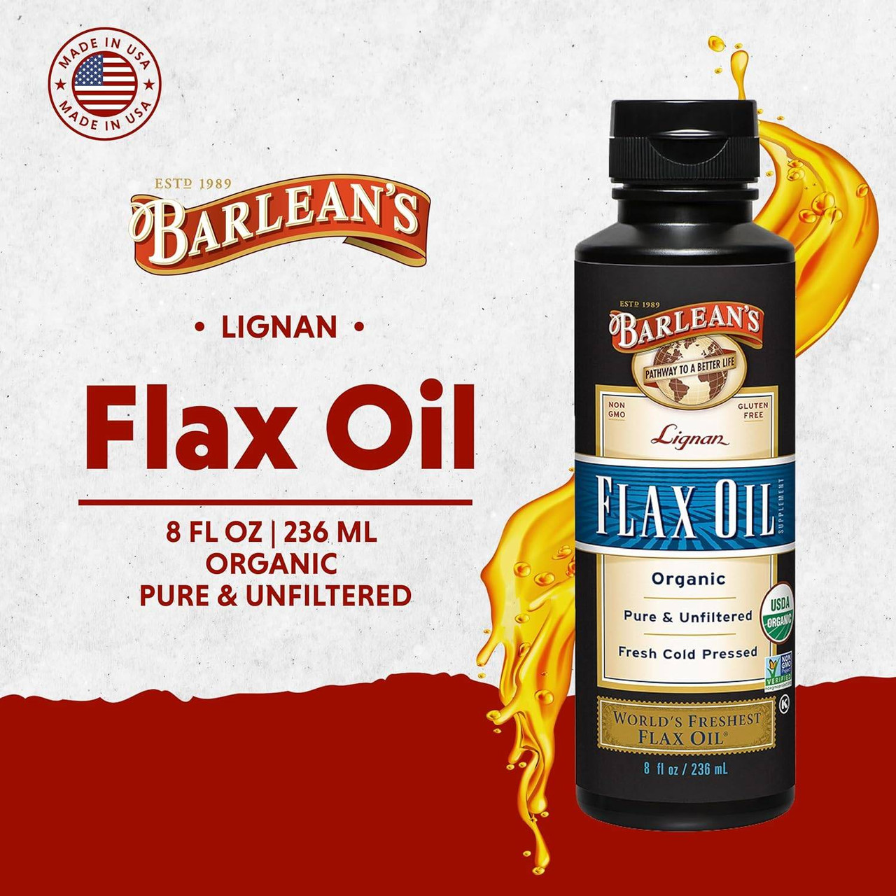 Barlean's Lignan Flax Oil 8 fl oz organic, pure and unfiltered bottle graphic